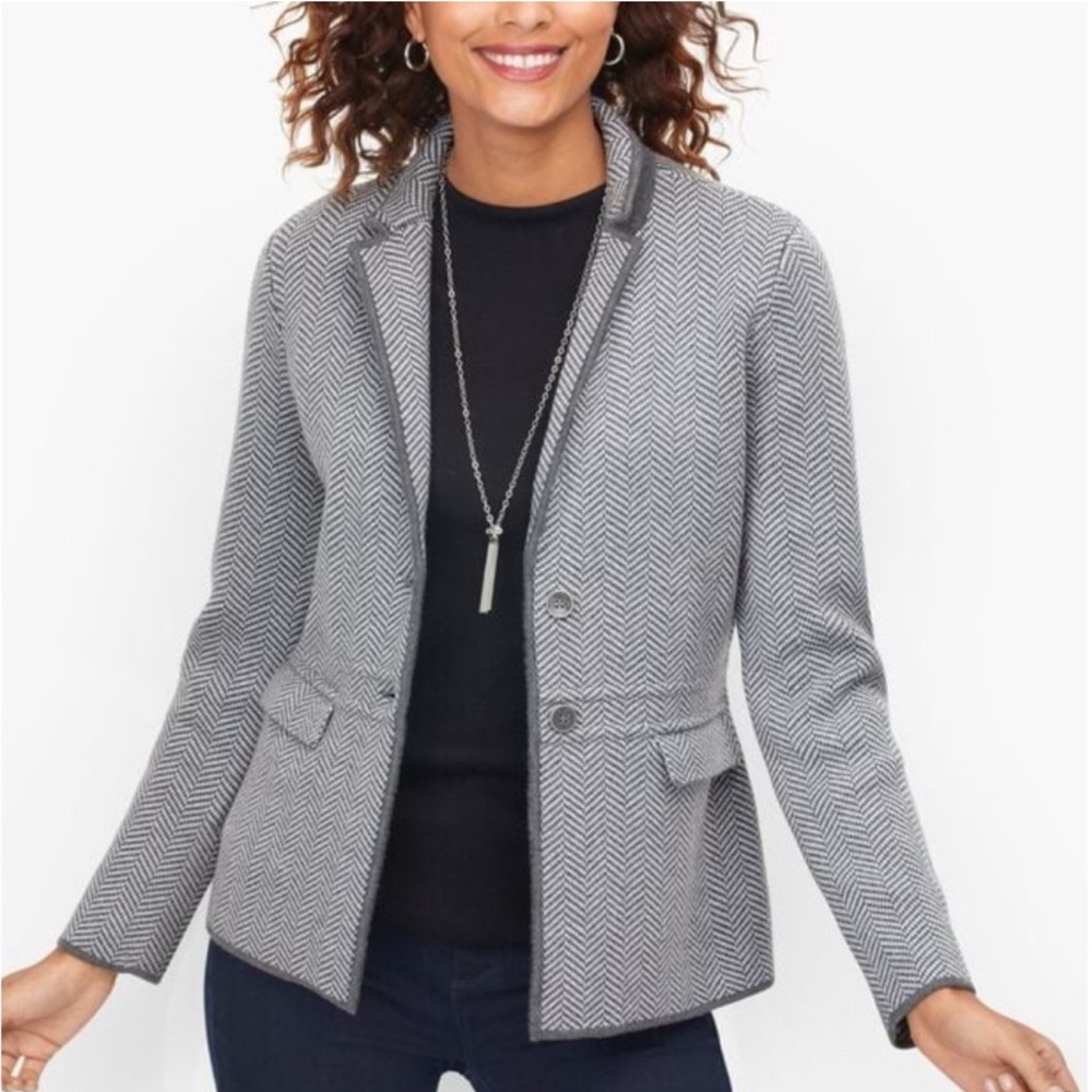 Talbots 100% Merino Wool Gray Herringbone Sweater Blazer
